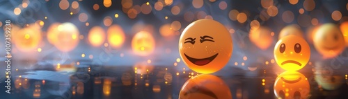 3D model of smiling and crying emoji orbs, glowing