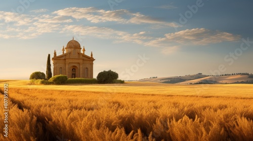 Demeter temple surrounded by fields of golden wheat