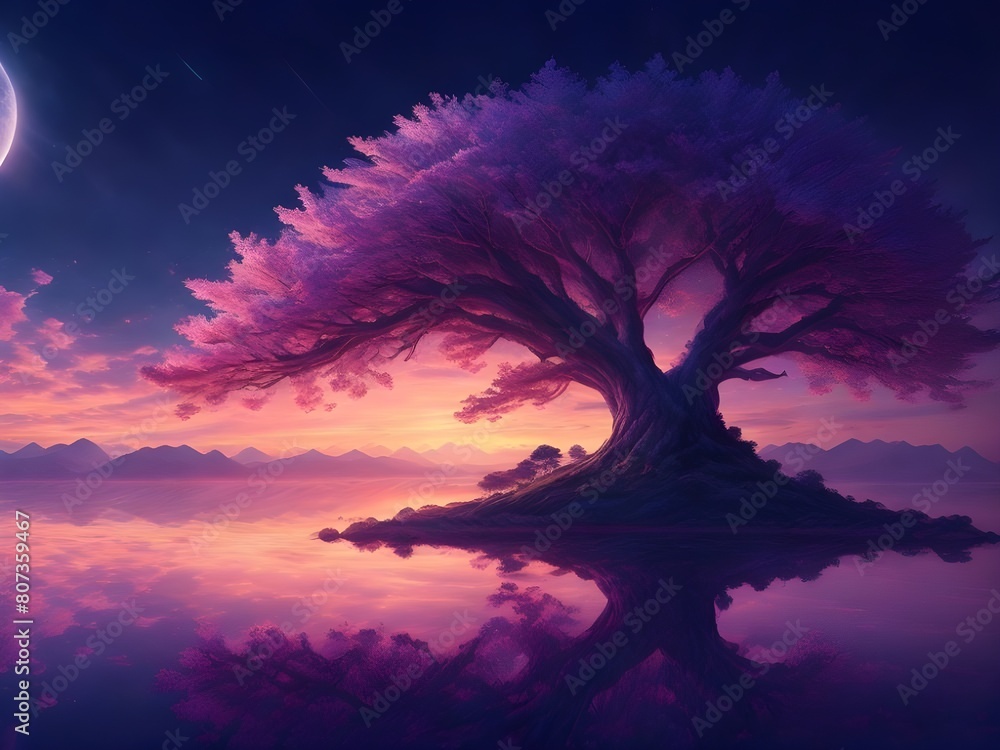Ultra wide angle of mystical sunset scene showing full of clouds starry night, there is one tree reflection on the sea at center Generative AI Ultra wide angle of mystical sunset scene showing full of clouds starry night, there is one tree reflection on the sea at center Generative AI