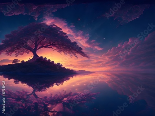 Ultra wide angle of mystical sunset scene showing full of clouds starry night, there is one tree reflection on the sea at center Generative AI