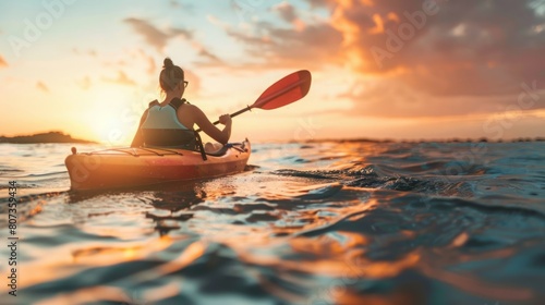A person in a kayak paddling on the water under the vibrant sunset sky.