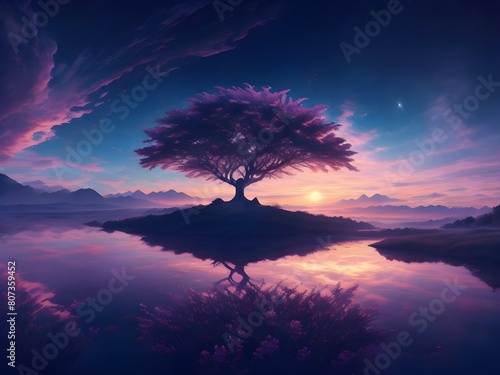 Ultra wide angle of mystical sunset scene showing full of clouds starry night  there is one tree reflection on the sea at center Generative AI