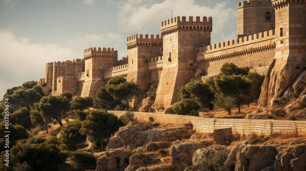 defensive walls of ancient Greek city guarded by hoplites and siege engines