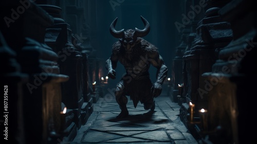 mythical Greek creature the Minotaur lurking in labyrinth