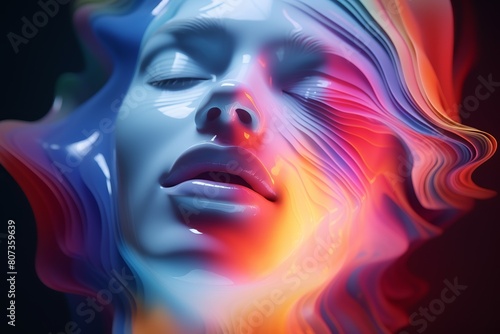 3D artistic render of a female face with colorful, flowing textures in soft light