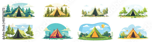 Digital art series for travel and camping publications  Vibrant illustrations of various camping tents in picturesque settings.