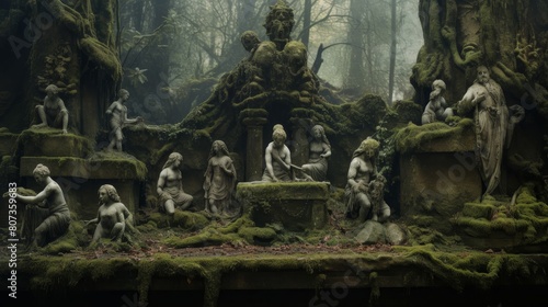 sacred grove for Pan god of shepherds with playful satyrs and rustic altars