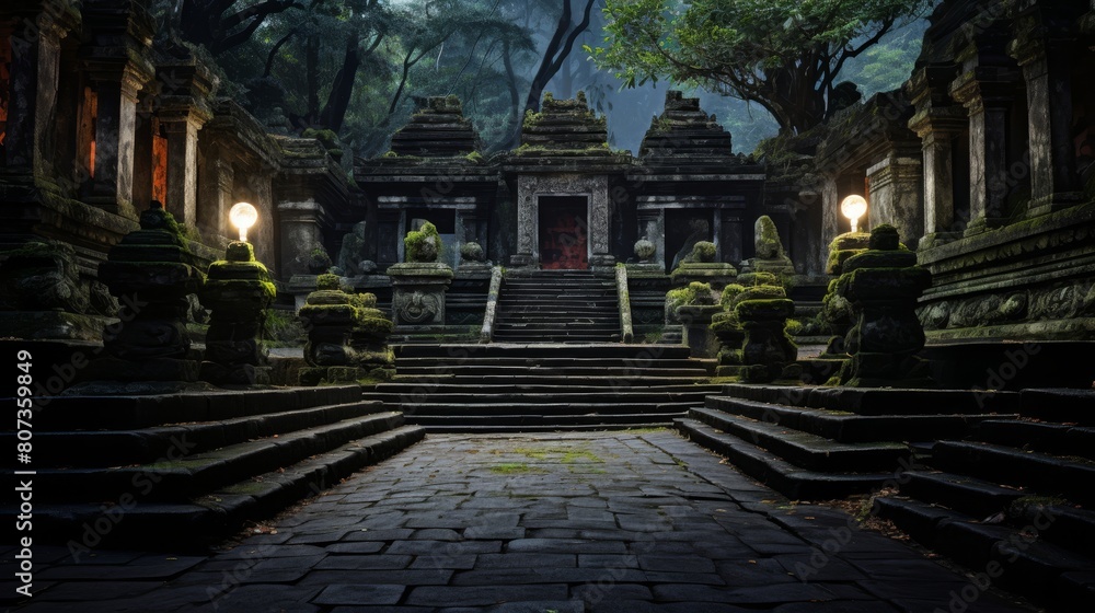 secluded temple dedicated to Hades god of underworld with eerie torchlight