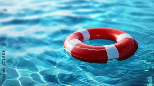 A red and white life preserver floating on the surface of a clear blue pool of water.
