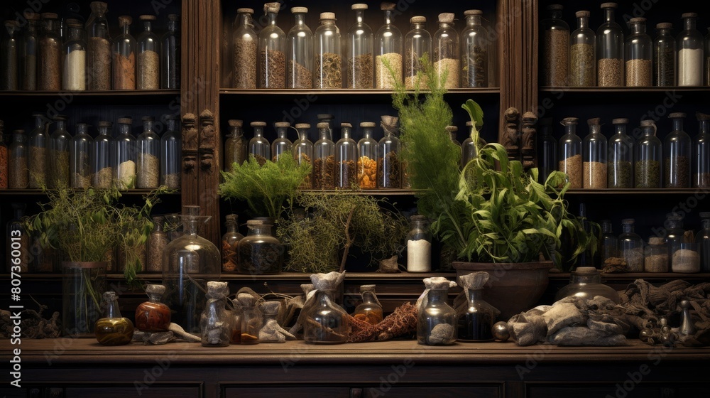 ancient Greek apothecary with exotic herbs botanicals medical tools ancient Greek apothecary with exotic herbs botanicals medical tools