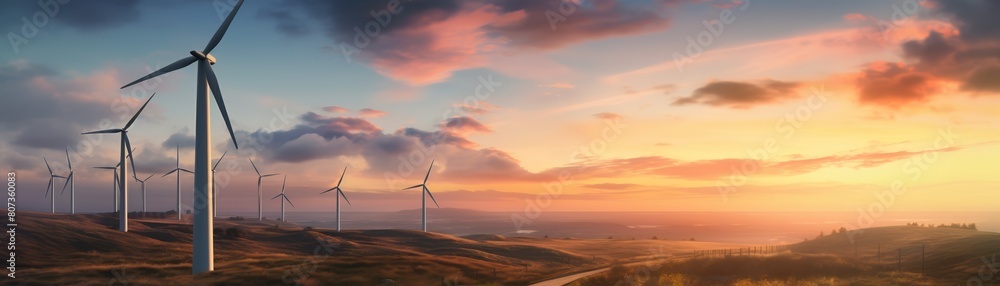 Group of modern wind turbine farm, sunset, dynamic sky