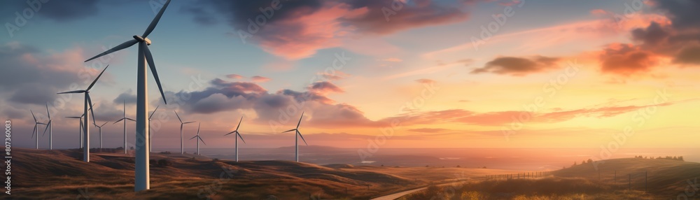 Group of modern wind turbine farm, sunset, dynamic sky Group of modern wind turbine farm, sunset, dynamic sky