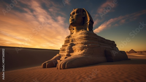 mythical Sphinx posing riddles to travelers on road to enigmatic temple
