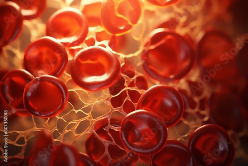 Flowing blood cells in a vein, macro shot, lifelike details, warm tones photo