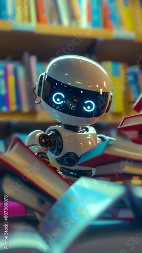 Futuristic robot kid surrounded by books, learning actively, colorful interface, machine learning concept