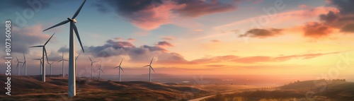 Group of modern wind turbine farm, sunset, dynamic sky