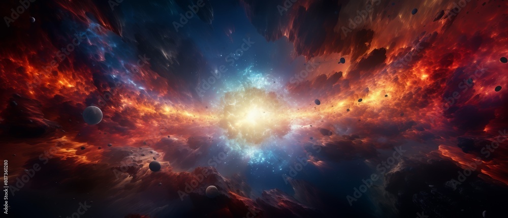 Majestic supernova, intense colors blending, vast cosmic scene