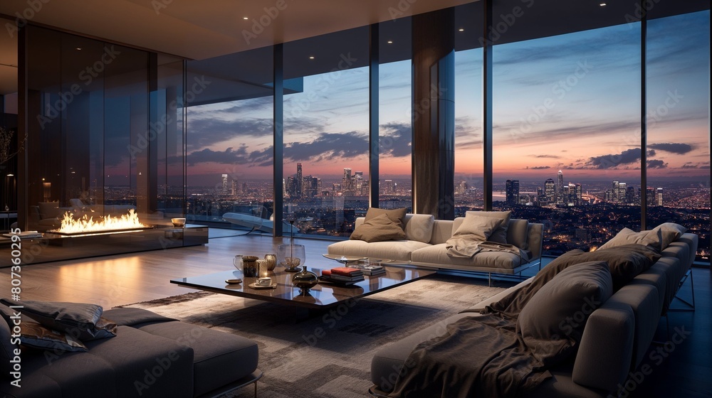 Luxurious penthouse living, panoramic city view, ultra-modern furniture, twilight ambiance, high-angle shot
