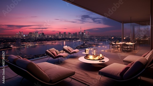 Luxurious penthouse living, panoramic city view, ultra-modern furniture, twilight ambiance, high-angle shot photo