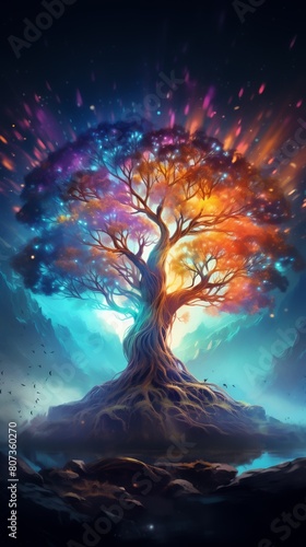 Magical tree with luminous leaves, flowing branches, dreamlike colorful mist