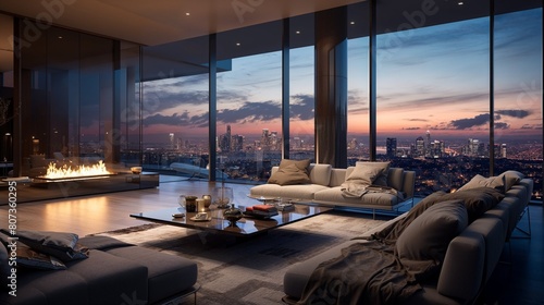 Luxurious penthouse living  panoramic city view  ultra-modern furniture  twilight ambiance  high-angle shot