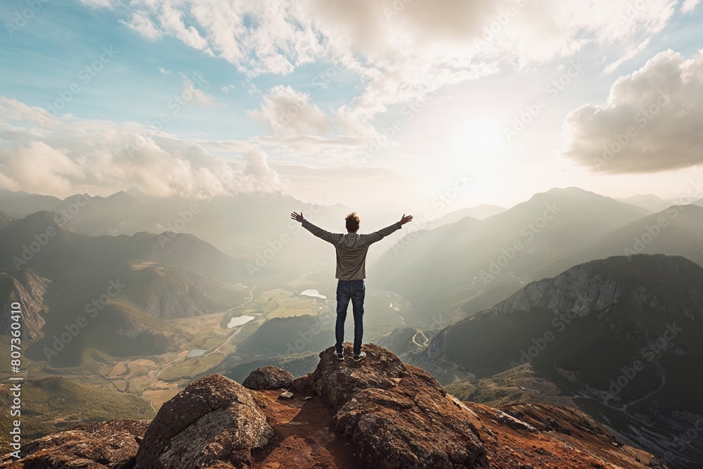 Person with arms wide open on mountain top, cloudy skies, freedom concept