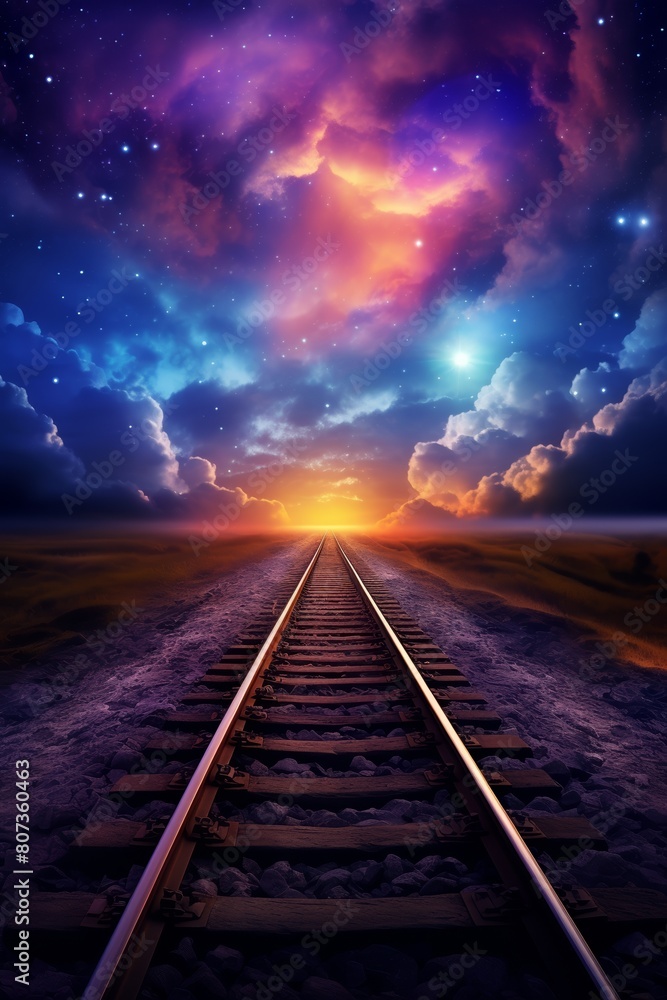 Surreal landscape featuring a railroad extending towards a horizon under a vivid cosmic sky with stars