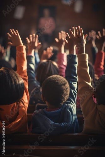 Rear view, children's hands up in class, focus on enthusiastic expressions
