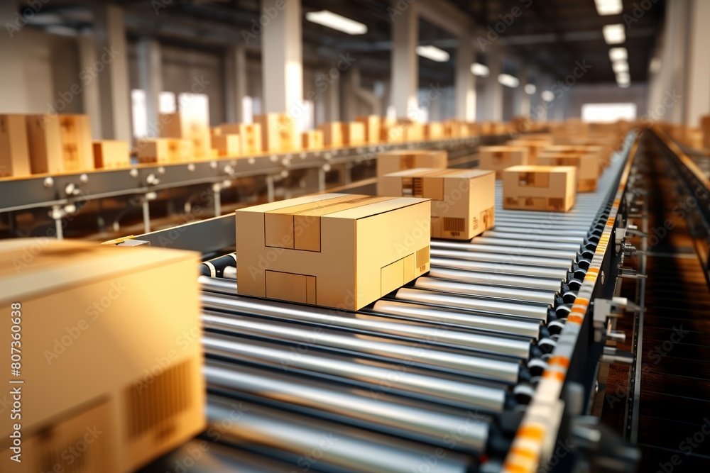 Cardboard boxes on a conveyor belt in a factory setting, representing logistics and automated processes Cardboard boxes on a conveyor belt in a factory setting, representing logistics and automated processes