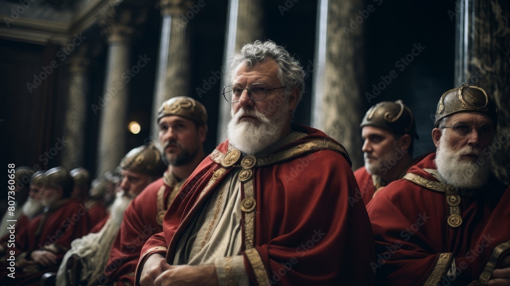 Distinguished Roman senators debate in Curia on state matters Distinguished Roman senators debate in Curia on state matters