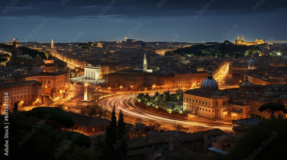 Night view of Roman cityscape with torch-lit streets