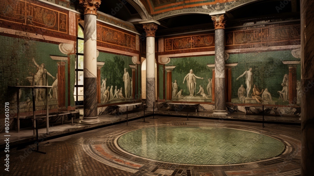 Obraz premium Roman bathhouse adorned with intricate mosaics from mythology