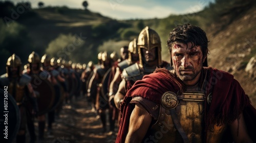 Centurion leads disciplined soldiers in Roman march