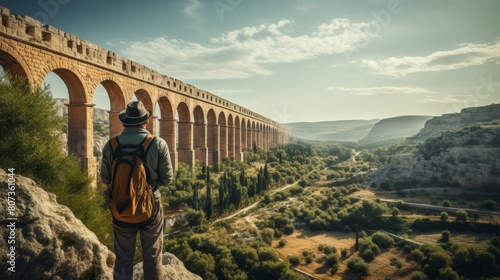 Roman engineer oversees majestic aqueduct construction photo