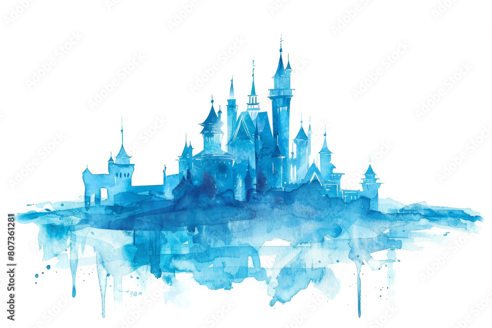 Naklejka premium Watercolor Blue Magic Castle Isolated on White Background