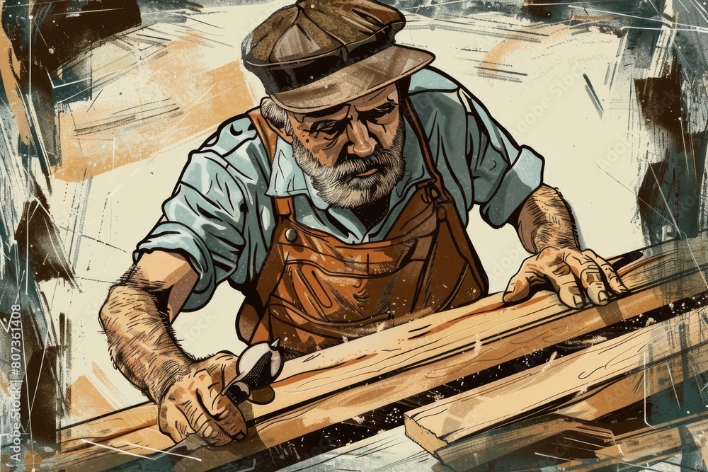 A man working on a piece of wood with a hammer. Suitable for woodworking projects A man working on a piece of wood with a hammer. Suitable for woodworking projects
