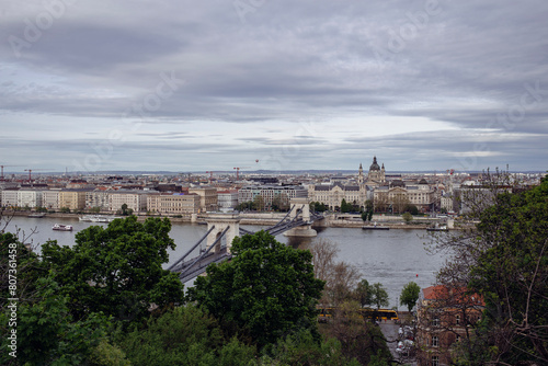 Danube river crossing Budapest city and the Szechenyi Chain Bridge famous landmark in Hungary