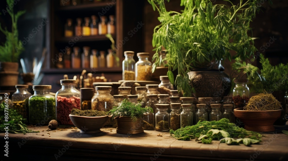 Roman herbalist's apothecary showcasing herbs plants potions