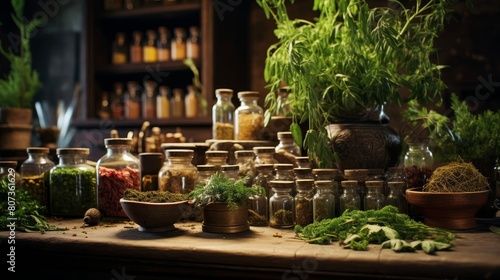 Roman herbalist's apothecary showcasing herbs plants potions