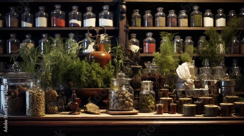 Apothecary of Roman herbalist with various herbs plants potions