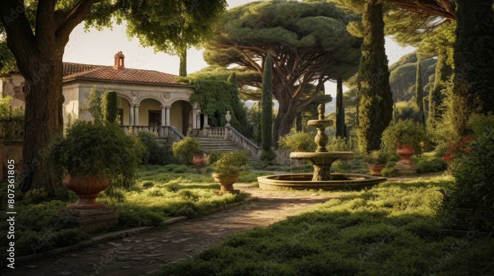 Obraz premium Roman countryside villa's garden lush greenery sculptures peaceful pathways