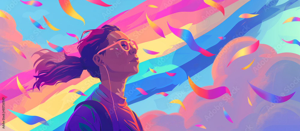 Portrait of a young woman in a stylized, bright, colorful environment against an LGBT style sky background. The illustration expresses the feeling of freedom, relaxation and happiness Portrait of a young woman in a stylized, bright, colorful environment against an LGBT style sky background. The illustration expresses the feeling of freedom, relaxation and happiness