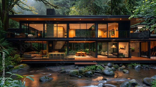 HD wallpaper showcasing an innovative house built over a natural stream, with floor-to-ceiling windows and modern design photo