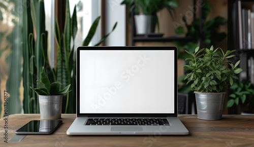 empty White screen laptop on desktop with phone and tablet, mockup,  copy space , modern workspace, digital devices, tech savvy environment, clean and organized, plants in background