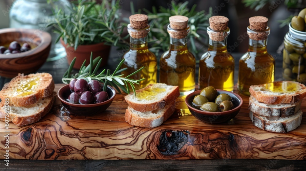 gourmet olive oil tasting, a selection of olive oil tasting on a rustic board with olives, bread, and mini bottles, offers a delightful way to enjoy the diverse tastes of this versatile ingredient