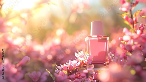 Baby pink nail polish bottle gleaming gently against a background reminiscent of a tender spring morning