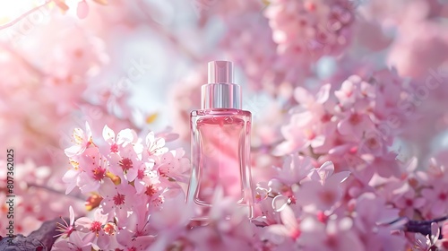 Baby pink nail polish bottle gleaming gently against a background reminiscent of a tender spring morning