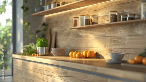 Modern Kitchen Interior with Sunlit Marble Countertop.