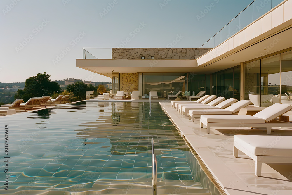 Fototapeta premium Swimming pool and sun loungers at stylish tropical spa hotel, summertime banner mockup. Summer travel sales and vacation concept.