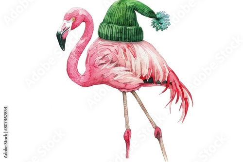A whimsical watercolor painting of a pink flamingo wearing a green hat. Perfect for adding a pop of color to any project